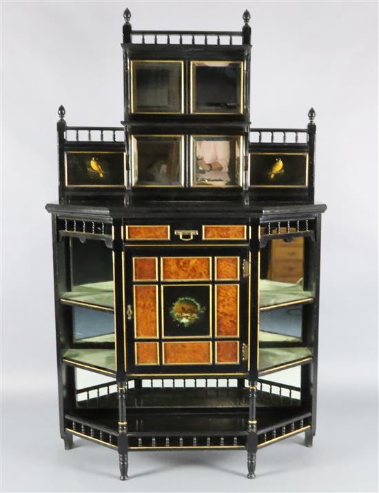 A Victorian Aesthetic Movement parcel gilt, ebonised and burr wood chiffonier, W.3ft 6in. D.1ft 5in. H.5ft 9in.
